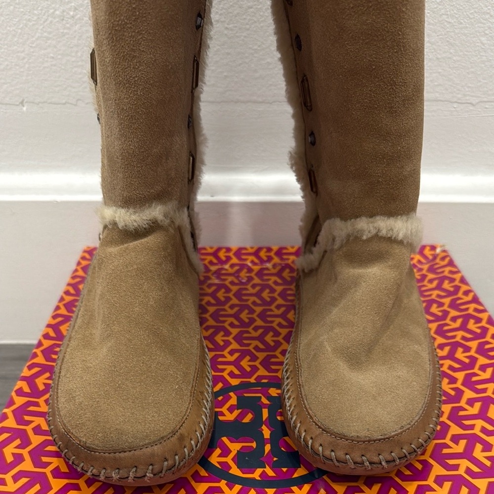Tory Burch Knee High Shearling Camel Embellished Boot - Picture 4 of 12